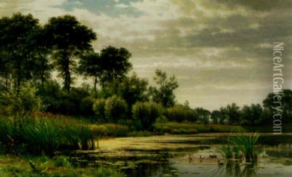A Day's Boat Ride Through The Marsh Oil Painting - Julius Jacobus Van De Sande Bakhuyzen