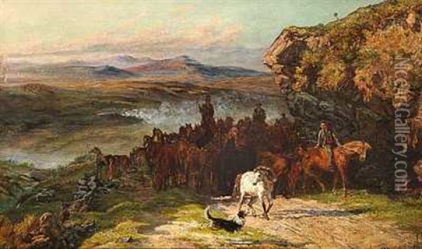 Skotsk Hojlandsparti Med Hesteflok, Der Drives Frem Ad En Sti Oil Painting - Allen Culpepper Sealy