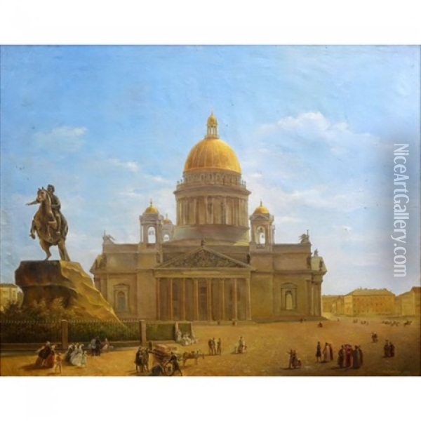St. Isaac's Cathedral And Monument To Peter I Oil Painting - Maksim Nikiforovich Vorobiev