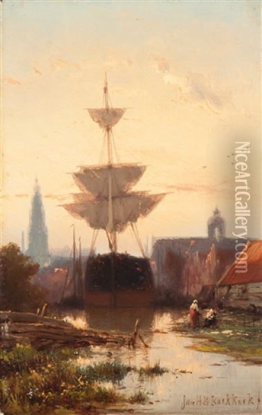 Moored Ships Near Amsterdam Oil Painting - Johannes Hermanus Barend Koekkoek