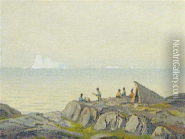 Gronlandsk Kystparti Med Fangerfamilie Foran Telt Oil Painting - Emanuel A. Petersen