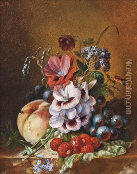 Still Life With Lychees, Peaches, Grapes And Various Summer Flowers On A Ledge Oil Painting - David Emil Joseph de Noter