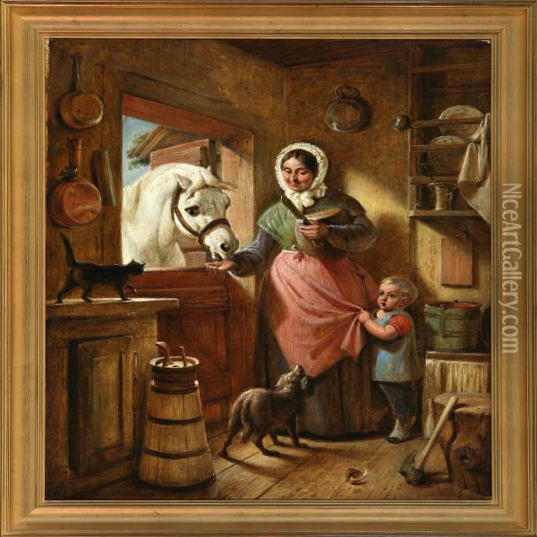 Scullery With Mother And Child Feeding A Horse Oil Painting - Nikolai Habbe