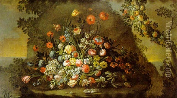 Bouquet De Fleurs Devant Un Paysage Oil Painting - Margherita Caffi