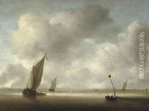 A calm with fishing boats and fishermen in the foreground Oil Painting - Willem van Diest