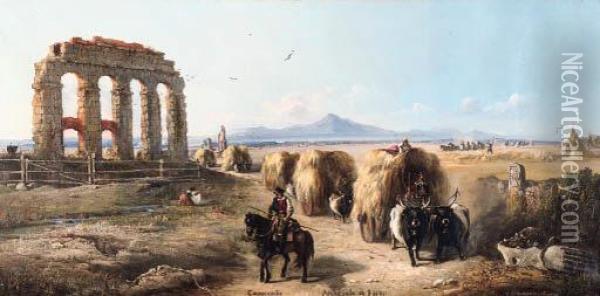Haycarts In The Roman Campagna Oil Painting - Vincenzo Giovannini