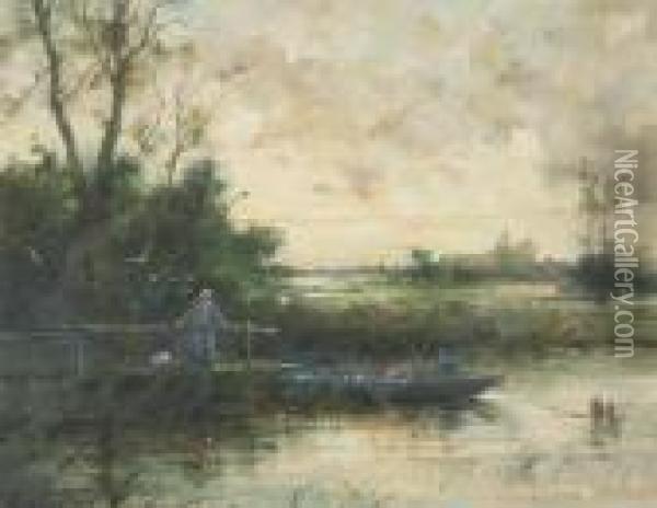 Waterlandscape With Fisherman And Woman At The Docks Oil Painting - Edward Antoon Portielje