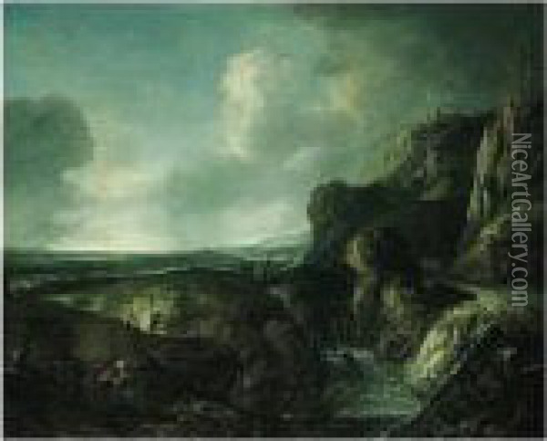 A Mountainous River Landscape 
With Travellers On A Path Overlooking A Waterfall, A Ruined Castle On An
 Outcrop Beyond Oil Painting - Jan Looten
