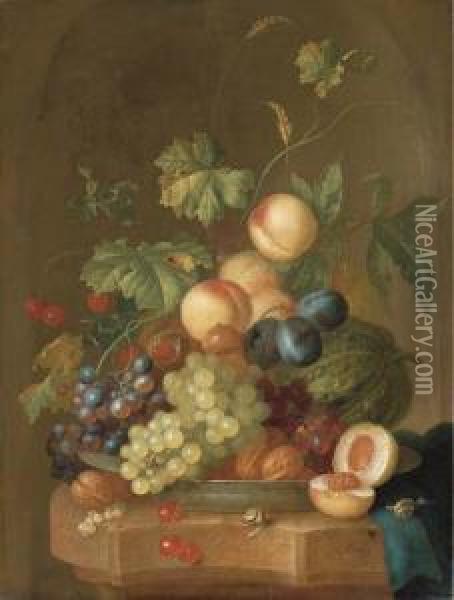 Grapes, Cherries, Plums, Peaches, Walnuts And A Melon In Aporcelain Bowl On A Partly-draped Ledge With A Halved Peach And Twosnails Oil Painting - Johan Christian Roedig