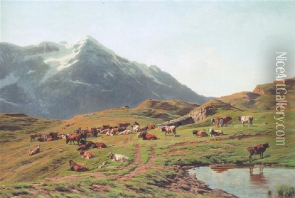 Sommerliche Alp Mit Weidenden Kuhen Im Berner Oberland Oil Painting - Albert Lugardon