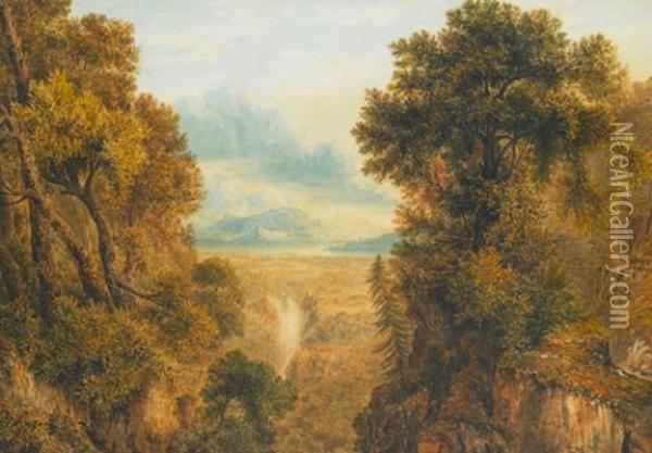 A Capriccio Wooded Landscape With Water Fall Watercolour On Paper 49 By 70 Cm Oil Painting - John Glover
