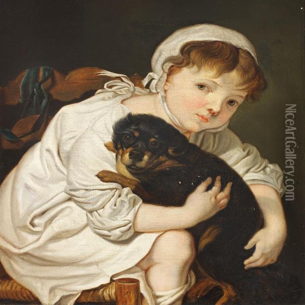 "a Little Girl Playing With A Puppy" Oil Painting - Christian Albrecht Jensen