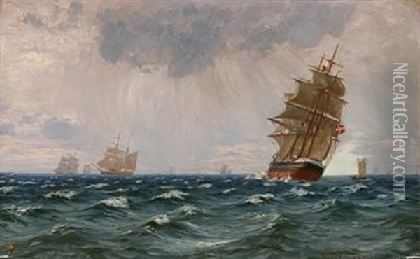 Danish Marine With Several Sailing Ships (in The Great Sound?) Oil Painting - Vilhelm Karl Ferdinand Arnesen