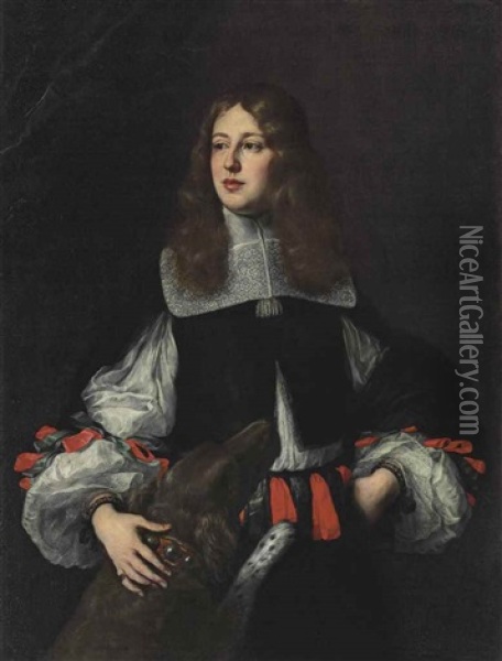 Portrait Of Orazio Piccolomini (1639-1678), Three-quarter-length, With A Dog Oil Painting - Justus Sustermans