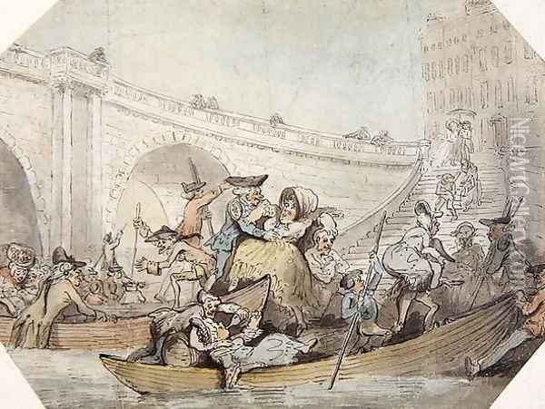 The Arrival of Ferries at London Bridge Oil Painting - Thomas Rowlandson
