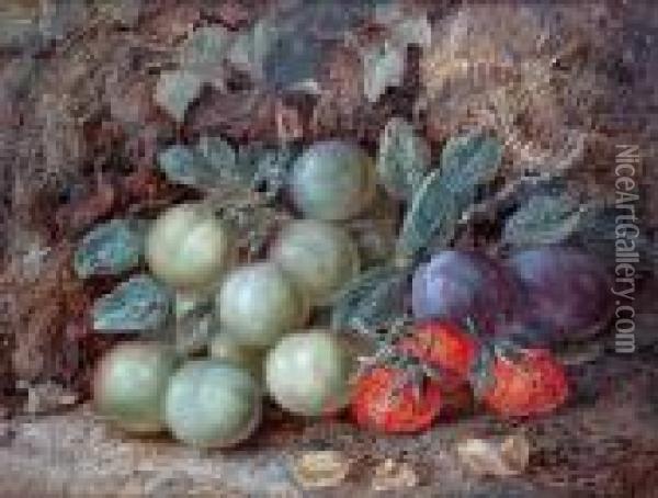 Still Life Of Plums, Greengages And Strawberries On A Mossy Bank Oil Painting - Vincent Clare