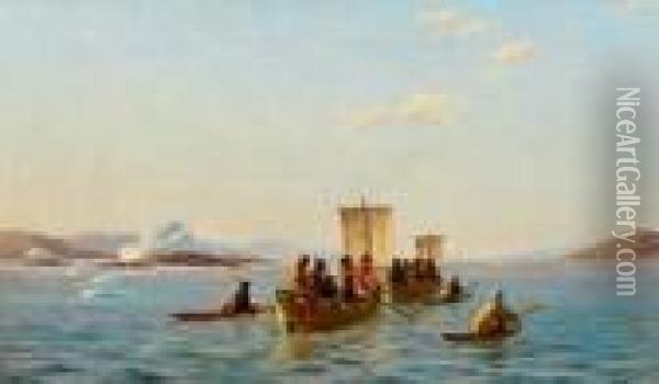 Gronland-landschaft Mit Inuit In Kleinen Segelbooten Undkajaks Oil Painting - J.E. Carl Rasmussen