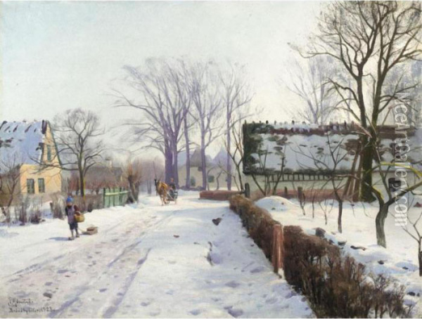 Vinter I Brondbyoster (the Town Of Brondbyoster Covered In Snow) Oil Painting - Peder Mork Monsted
