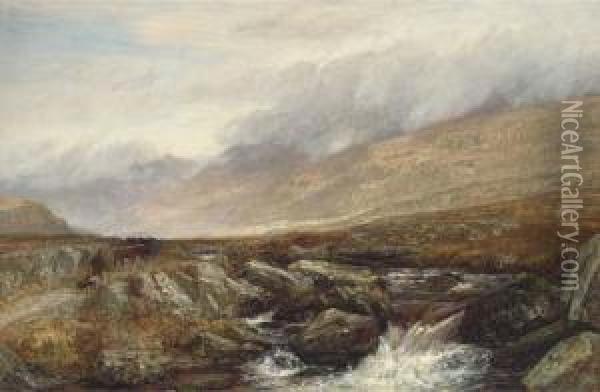 A Drover And His Cattle On A Highland Track Beside A Rockystream Oil Painting - Charles Thomas Burt