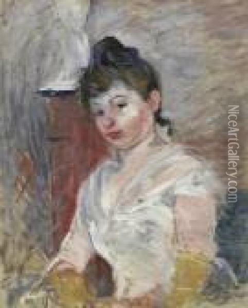 Jeune Fille En Blanc. 1891. 
Portrait Of A Sitting Young Lady In A White Dress. In The Background A 
Pillar With Sculpture. Signature Stamp Bottom Right: Berht Morisot Oil Painting - Berthe Morisot