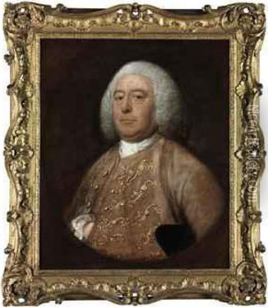Portrait Of Henry Fane, M.p. 
(1703-1777), Of Wormsley, Oxfordshire,half-length, In A Gold-embroidered
 Pink Velvet Coat And Waistcoat,a Tricorne Hat Under His Arm, In A 
Feigned Oval Oil Painting - Thomas Gainsborough