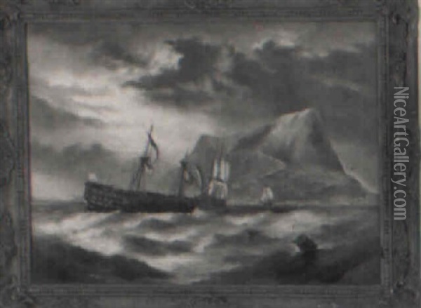 Seascape Of A Distressed Frigate In Turbulent Seas Oil Painting - Thomas Luny