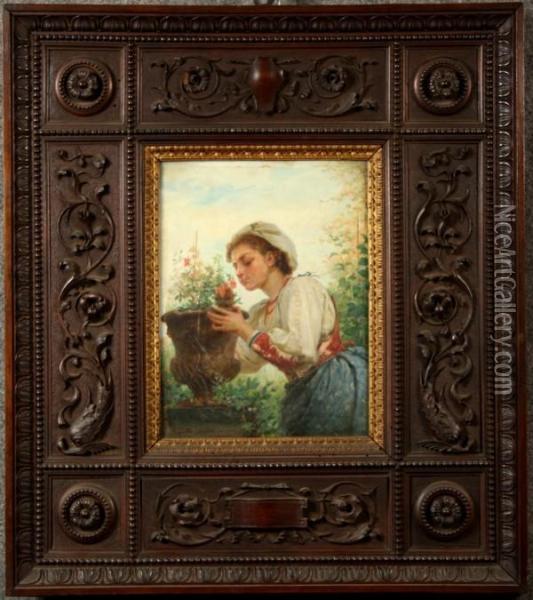 ''donna In Giardino Con Fiori''. Oil Painting - Cecrope Barilli