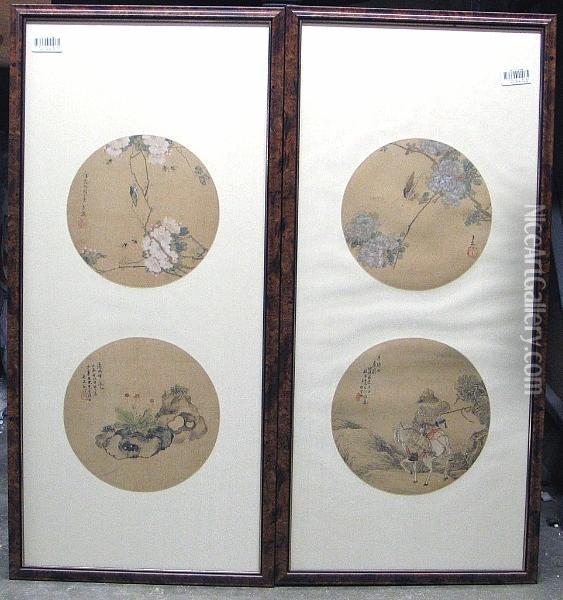 Eight Round Fan Paintings Mounted In Four Frames Oil Painting - Ju Lian