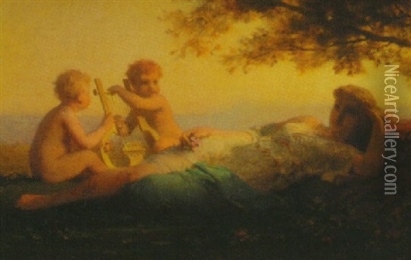 Putti Serenading Reclining Maiden Oil Painting - Antoine Jean Etienne (Tony) Faivre