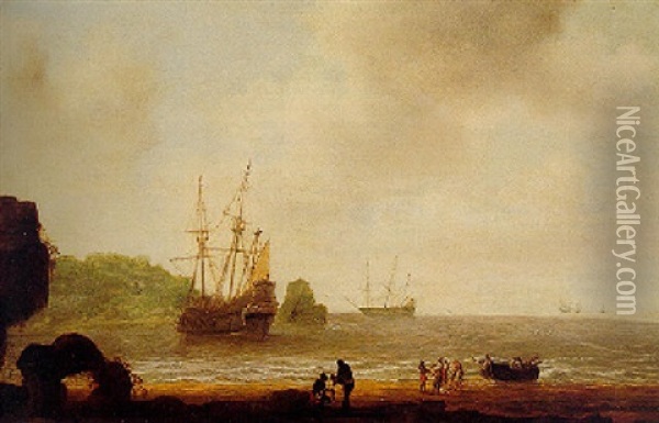 An African Beach Scene With Figures By A Small Fishing Boat, Other Ships Beyond Oil Painting - Gillis (Egidius I) Peeters