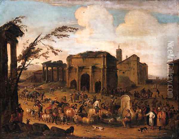 A Capriccio of a Roman Marketplace with Peasants and Levants at a Fountain Oil Painting - Pieter Van Bredael