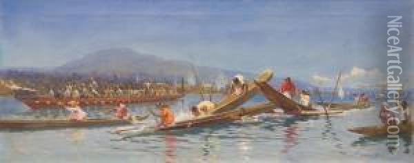 Maori Canoe Race, Lake Rotorua Oil Painting - Walter Wright