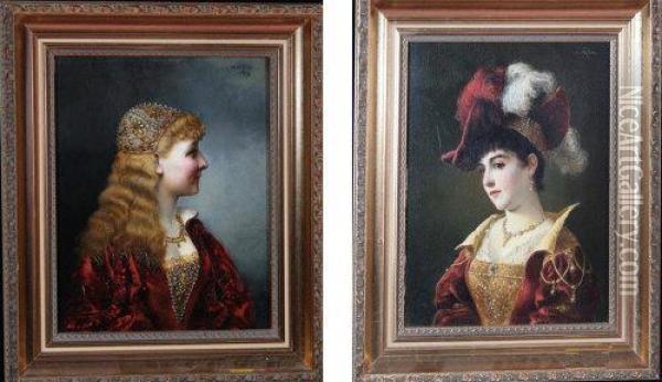 Portraits Of Young Noblewomen Wearing Richly Decorated Clothes And Jeweled Caps Oil Painting - M. Hifter