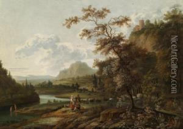 Wide Landscape With Shepherds At Rest Oil Painting - Jan Gabrielsz. Sonje