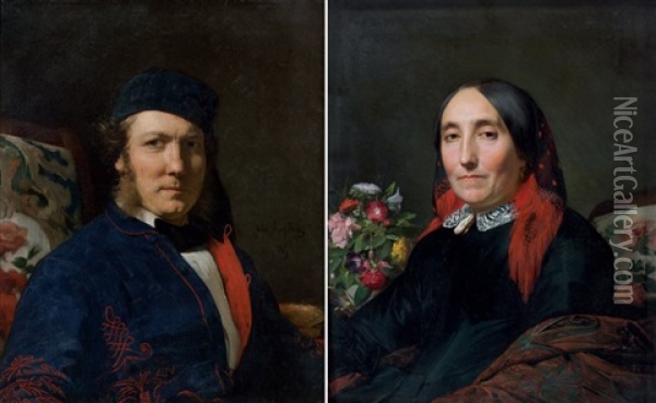 Portraits D'un Peintre Et De Son Epouse (2 Works) Oil Painting - Jules Joseph Lefebvre