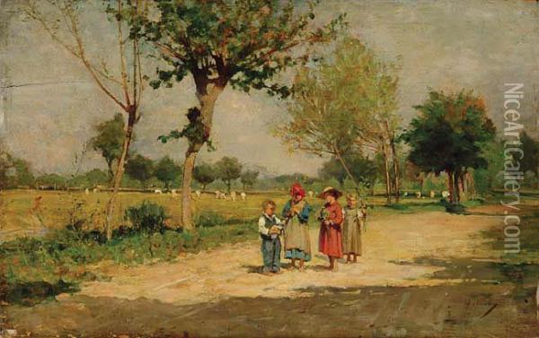 Dzieci Na Wiejskiej Drodze Oil Painting - Carlo Follini