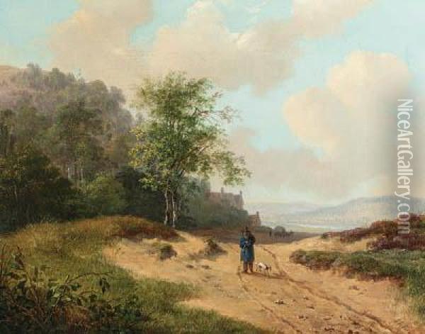 A Summer Landscape With A Traveller And Dog On A Sandy Track Oil Painting - Andreas Schelfhout