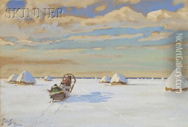Snowy Hayfield With Horse-drawn Sleigh Oil Painting - Julian Falat