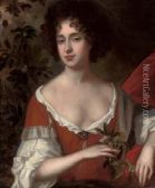 Portrait Of A Lady, Half-length,
 In A Red Dress And White Chemise, Holding Sprigs Of Orange Blossom, In A
 Landscape Oil Painting - William Wissing or Wissmig