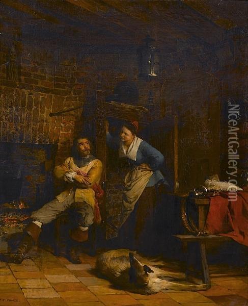 Resting By The Fire Oil Painting - Pierre Charles Comte