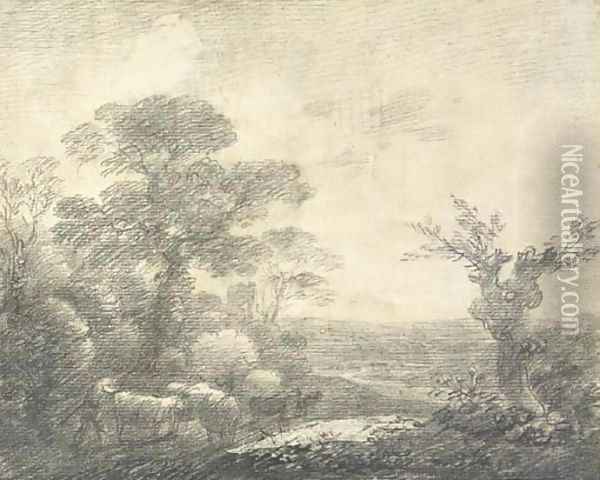 Wooded landscape with herdsmen, cows, river and church tower Oil Painting - Thomas Gainsborough