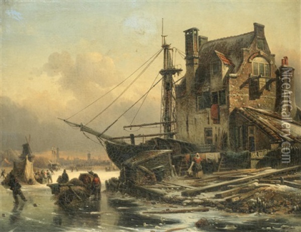 Figures On Frozen River By A Town Oil Painting - Elias Pieter van Bommel