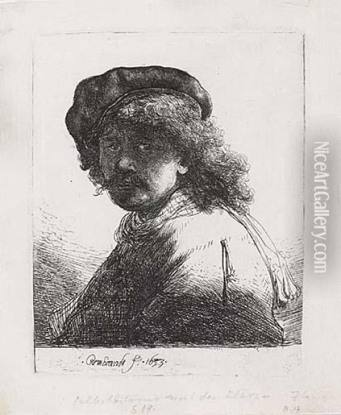 Self Portrait In A Cap And Scarf With The Face Dark: Bust<</b> Oil Painting - Rembrandt Van Rijn