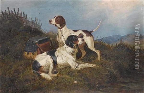 An English Setter And A Pointer In A Highland Landscape Oil Painting - Colin Graeme
