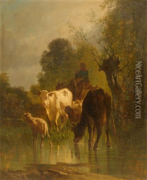 A Herd At The Waterside Oil Painting - Andres Cortes y Aguilar