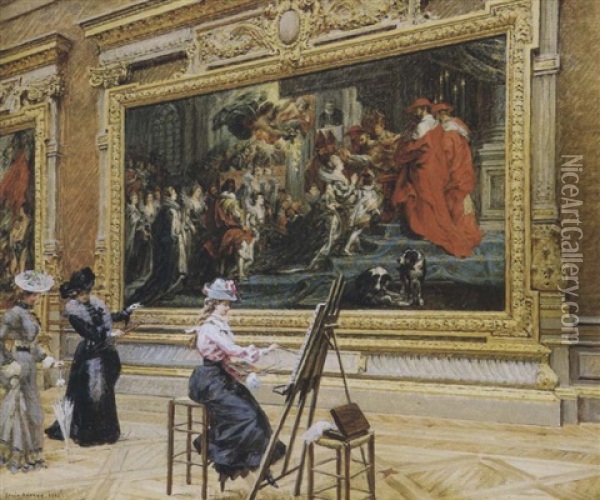 The Ernest Pupil In The Rubens Room, Louvre, Paris Oil Painting - Louis Beroud