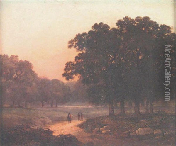Figures On A Woodland Path - Twilight Oil Painting - James Arthur O'Connor