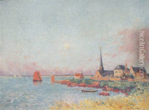 Le Village De Port Launay Sur Les Bords De La Loire: La Voile Rouge Oil Painting - Ferdinand du Puigaudeau