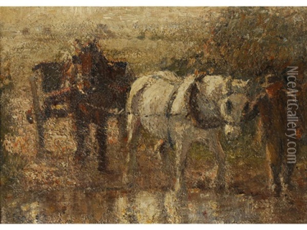 Farmer Leading Cart Horses, And Another Of A Cockling Cart Oil Painting - Harry Fidler