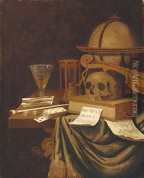 A vanitas still life, with a globe, an hour glass Oil Painting - Evert Collier